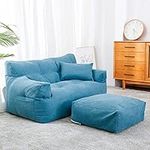 PHASFBJ Sofa Lazy Sack Bean Bag Chair Cover with Footstool Cover & Comfortable Pillowcase (Does not Contain Filler), Giant Bean Bag Sofa for Two People, for Kids, Adults, Couples,Blue