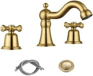 RKF Bathroom Sink Faucet 3 Hole Gold 8 Inch Widespread With Drain 2 Handles Cross Knobs Vanity Basin Mixer Tap CWF033-BG