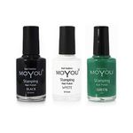 MoYou Nails Bundle of 3 Stamping Nail Polish: Black, White and Green Colours Used to Create Beautiful Nail Art Designs