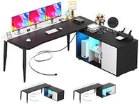 Unikito L Shaped Desk with File Cabinet and Power Outlet, 55 Inch Large Corner Computer Desks with LED Light Strip, L-Shaped Computer Desk with Door and Storage Shelves for Home Office, Black & White