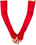 SAVITA Fingerless Long Red Gloves Pierced Elbow Length Satin Gloves 19" Stretchy Opera Evening Party 1920s Gloves for Women