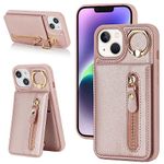 Jaorty for iPhone 14 Plus Phone Case with Card Holder,iPhone 14 Plus Case for Women Men with Credit ID Card Slot Holder,360 Rotation Ring Kickstand, Leather Zipper Wallet Case,6.7",Rosegold