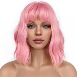 LANCAINI Short Bob Wigs with Bangs for Women Loose Wavy Wig Curly Wavy Shoulder Length Bob Synthetic Cosplay Wig for Girl Colorful Costume Wigs (Pink)