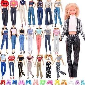 30 Pcs Doll Clothes and Accessories for Barbie Doll, 11.5 Inch Doll Outfit Collection Including 1 Set 9 Tops 9 Pants 10 Pairs Shoes(Random Style), for Girls Birthday Gifts