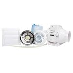 Airflow Aventa 100mm Timer In-Line Extractor Fan Kit with LED Lamp – Includes 6m Flex Duct, Ties, Chrome & White Grilles, External Grille – 2 Speed, Adjustable Timer - 3 Years Warranty