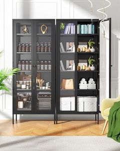 Greenvelly Metal Storage Cabinet, Black Display Curio Glass Storage Cabinet with Glass Doors and 4 Shelves, Tall Bookcase Modern Bookshelf Cabinet for Home Office, Living Room, Pantry