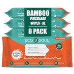 ECO SOUL Bamboo Extra-Large Flushable Toilet Wet Wipes for Adults - Unscented & Alcohol Free | 8 Pack of 48 Wipes Each | Biodegradable | Non-Allergic | Soft Intimate, Body, Bum & Hand Cleansing Wipes