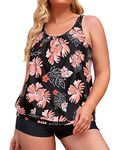 Yonique Plus Size Tankini Swimsuits for Women Blouson Tankini Tops with Swim Shorts Two Piece Bathing Suits, Black Orange Floral, 18 Plus