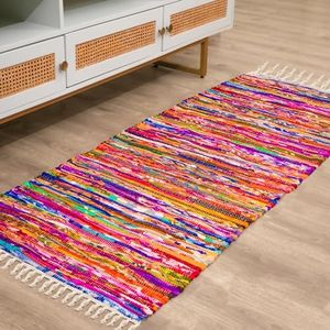 Cotton Chindi Rag Rug - 6 x 2.3 Feet Rectangle Hand Braided Bohemian Colorful Area Rug - Recycled Braided Chindi Rugs- Biodegradable