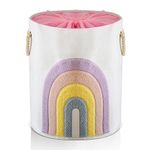 INough Baby Laundry Basket Pink Baby Hamper, Canvas 58L XL Baby Clothes Basket with Drawstring Closure Girl Laundry Hamper for Nursery Toy Baskets, Baby Girl Room Decor Boho (Rainbow)