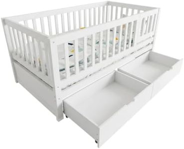 Woarvst Convertible 3-in-1 Solid Pine Wood Nursery Furniture with Storage Drawers, Adjustable Height Fence Guardrails, Twin Size
