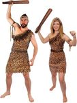 Couples Caveman & Cavewoman Fancy Dress Costume - Inflatable Club, Leopard Print Tunic, Belt, Headband & Armband (X-Large + Small)