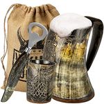 Viking Culture Ox Horn Mug, Shot Glass, and Axe Bottle Opener (3 Pc. Set) Authentic 500 ml. Ale, Mead, and Beer Tankard | Vintage Stein with Handle | Custom Intricate Design - Natural Finish