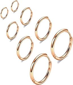 316L Surgical Stainless Steel Huggie Hoop Earrings Rose Gold 6mm 8mm 10mm 12mm Hypoallergenic Earrings Hoop Cartilage Helix Lobes Hinged Sleeper Earrings For Men Women (G04)