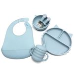 KIDS STATION™ 6pcs Food Grade Silicone, BPA-Free & Microwave Safe Baby Feeding Essentials Three Portion Plate, Bib, Bowl, Sipper & Fork & Spoon with Stainless Steel Heads (Cat Shape, Blue)