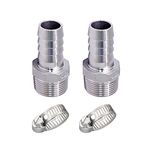 Pysrych Stainless Steel 304 Hose Barb Fitting, 3/4" Barbed x 1/2" NPT Male Straight Adapter Connector with 2 Hose Clamps, Pack of 2