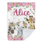 Personalized Baby Blanket for Girls, Custom Baby Blanket with Name, Soft Flannel with Double Layer Dotted Backing, Receiving Swaddle Blanket Suitable for Infants Toddler, Pink Floral Animals(47”x60)