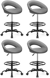 BESTFAIR Drafting Chair with Back, Height Adjustable Rolling Stool with Foot Rest, Tall 360° Swivel Stool PU Leather Chair with Wheels for Home Office, Standing Desk, Gray 4 Pack