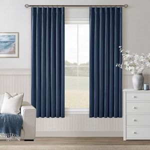 Navy Blue Black Out Curtains 63 Inch Long for Bedroom Pinch Pleated with Rings Hooks Back Tab Thermal Insulated Short Linen Blackout Drapes Farmhouse Living Room Darkening Kitchen Dark Blue Curtains