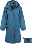 Womens Long Hooded Rain Jacket Waterproof Lightweight Raincoat Windbreaker Deep Blue X-Large