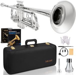 AKLOT Hand-Hammered Bell Bb Trumpet: Smooth Valve Action, Clear-Lacquered Brass Body, Standard Trumpet Beginner Set with Leather Case, Lesson Book, Trumpet Mute, Mouthpiece, Cleaning Kit (SNR-BrzSS)