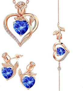 JACUPO Rose Heart Necklace Earrings Bracelet Set Moissanite/Lab-Grown Sapphire/Ruby Options S925 Silver Plated 18K White Gold Engraved I LOVE YOU Ideal for Mother's Day Proposal Gift for Girlfriend Wife (Necklace 1.2CT / Earrings 0.8CT) (Sapphire Gold 3Pcs Set)