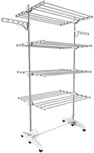 Todeco - Laundry Drying Rack, Clothes Airer - Material: Stainless Steel Tubes - Maximum Load: 6.7 lbs per Support bar - 4 Shelves, White, with Wings