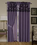 Chezmoi Collection 4-Piece Flocked Floral Faux Silk Window Curtain Set with Sheer Backing Valance , Violet/Black