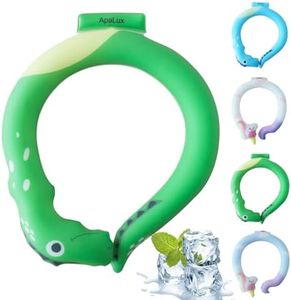 Ice Neck Cooler for Kids, Reusable Neck Cooling Tube Cartoon Cooling Neck Wraps Wearable for Summer Hot Weather Ice Ring for School Sports Freeze Below 64°F - Design for Children (Green Dinosaur)