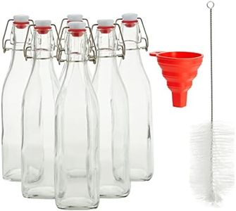 Juvale 6 Pack 16 oz Glass Bottles with Swing Top Lids and Square Base, Includes Brush and Funnel for Homemade Brewing