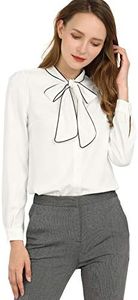 Allegra K Women's Tie Neck Contrast Color Button Down Long Sleeves Shirt White Medium