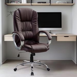 MRC M061 Ergonomic High Back Premium Leatherette Office Chair with Fixed Armrests, Heavy Duty Chrome Base,| Home Office Desk Chair, 3 Years Warranty,Pre-Assembled (Brown)