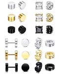 Finrezio 12 Pairs Magnetic Stud Earrings for Men Women Stainless Steel Stud Non Piercing Fake Gauges Earring Black Non-piercing CZ Hypoallergenic Magnet Earring Set