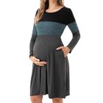 Bearsland Women’s Long Sleeve Maternity Dress Patchwork Pregnancy Dress with Pocket, Indian Teal, XL