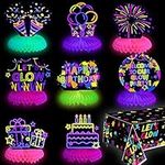 9 Pieces Glow Neon Party Birthday Honeycomb Centerpiece - Black Light Honeycomb Centerpiece Table Topper Neon Decorations and Let's Glow Tablecloth for Kids Glow in Dark Party Supplies (01)