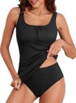 Aleumdr Women's Square Neck Tankini Swimsuit Vintage Ribbed Tummy Control Push Up with High Waisted Bottom Black X-Large