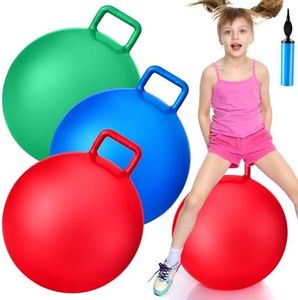 Lewtemi 3 Pcs Hopper Ball Jumping Hopping Ball, 22 Inch Exercise Ball Bouncing Ball with Handle and Air Pump for Outdoors Sports School Games Exercise, Red Blue Green