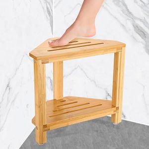 9SHOME Corner Shower Foot Stool for Shaving Legs, Wooden Shower Foot Rest for Shower Shaving, Corner Bath Shower Bench Suitable for Small Shower Spaces, Bathroom