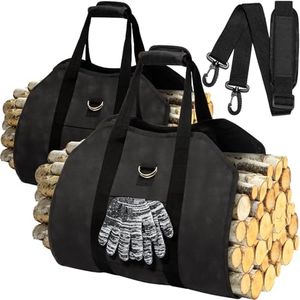 GPUSFAK Firewood Log Carrier Outdoor - Waxed Carring Bag Water Resistant Wood Stove Tote Bag with Soft Handle for Home and Camping, Pack of 2 Black