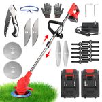 Battery Powered 21V Cordless Grass Trimmer, Electric Cordless Weed Wacker, Weed Trimmer, Grass Lawn Trimmer Edger with Charger with 2PCS 2.0AH Batteries Grass Cutter for Yard and Garden, Red