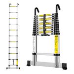 EASelect Telescopic Ladder 3.2M Aluminium Extension Loft Ladder with Stabilizer Bar, Non-Slip Feet and Detachable Hooks, EN131, Portable Extendable Folding Ladders for Roof, Attic, Caravan