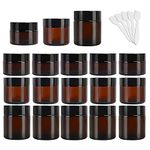 Yishik 15 Pack Amber Glass Jar, 1 oz 2 oz 4 oz Round Empty Cosmetic Containers, Refillable Glass Travel Containers with Black Lids and White Inner Liners