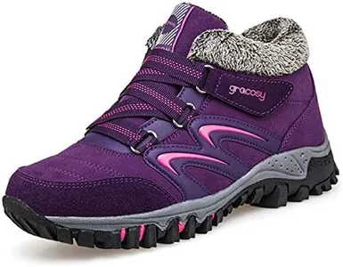 gracosy Women's Hiking Shoes, High Top Sneaker Winter Warm Hook Loop Snow Shoes Fur Lining Suede Ankle Bootie Purple 7.5 M US
