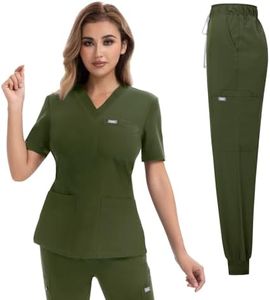 YEZEX Women's Medical Scrub Set, V-Neck Top & Jogger Pants, 10 Pockets, Army Green