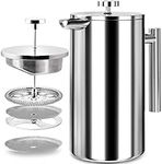 KICHLY Cafetiere 8 Cup Stainless Steel French Press Coffee Maker, Coffee Press with 3 Level Filtration System, Double Walled Insulated Caffettiere with 1 Extra Filter, 1000ml, Silver