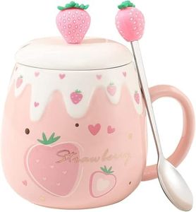 Yalucky Cute Strawberry Mugs Pink Coffee Mug Ceramic kawaii Cup Morning Tea Milk Fruit Mug with Lovely Lid Stainless Steel Spoon Creative Novelty Birthday Christmas for Lovers Girl 500ML (B)