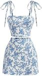 WDIRARA Women's 2 Piece Outfit Floral Print Tie Shoulder Cami Top and Split Hem Skirt Set Blue and White S