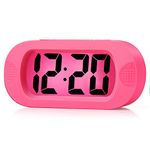 Plumeet Digital Alarm Clock Travel Clock with Snooze and Nightlight - Easy to Set Simple Bedside Alarm Clocks for Kids - Ascending Sound - Battery Powered (Pink)