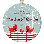 Our First Christmas as Grandma & Grandpa 2024 Ornament New Grandparents Cute Red Bird Family Nana Pop-Pop Newborn Grandchild Keepsake Present 2.8" Flat Circle Ceramic with White Ribbon & Gift Bag