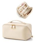 BAGSMART Travel Makeup Bag, Flat Lay Make Up Case, PU Leather Waterpoof Cosmetic Organiser with Clear Pocket for Brushes, Small Toiletry Bag with Handle, Essential for Women, Beige